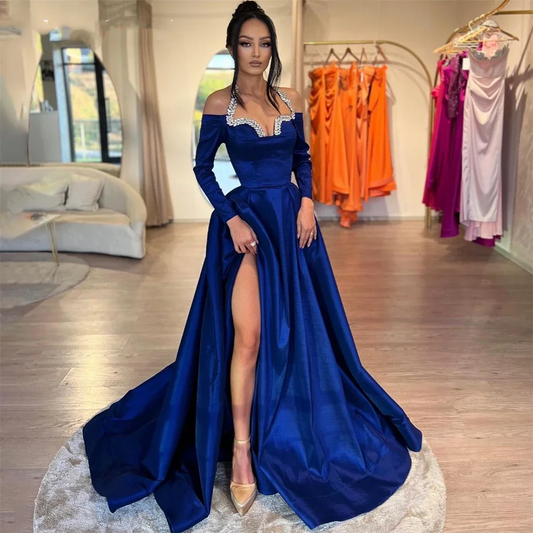 Royal Blue Glitter Formal Evening Dresses Beadings Halter A-Line High Side Slit Prom Dress Pageant Party Gowns