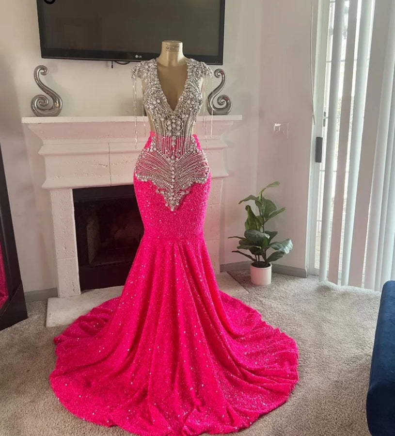 Glitter Diamonds Fuchsia Mermaid Prom Dress Crystal Rhinestone Beading Sequins Gown For Black Girls Birthday Party Dress