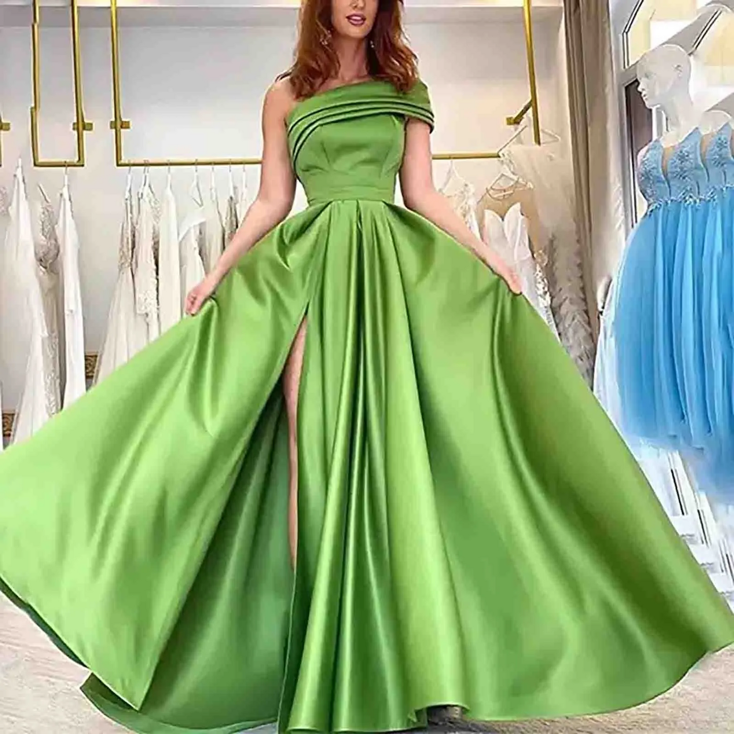 One Shoulder Floor Length Side Slit Solid Color Sleeveless Elegant Party Dresses Prom Evening Dress
