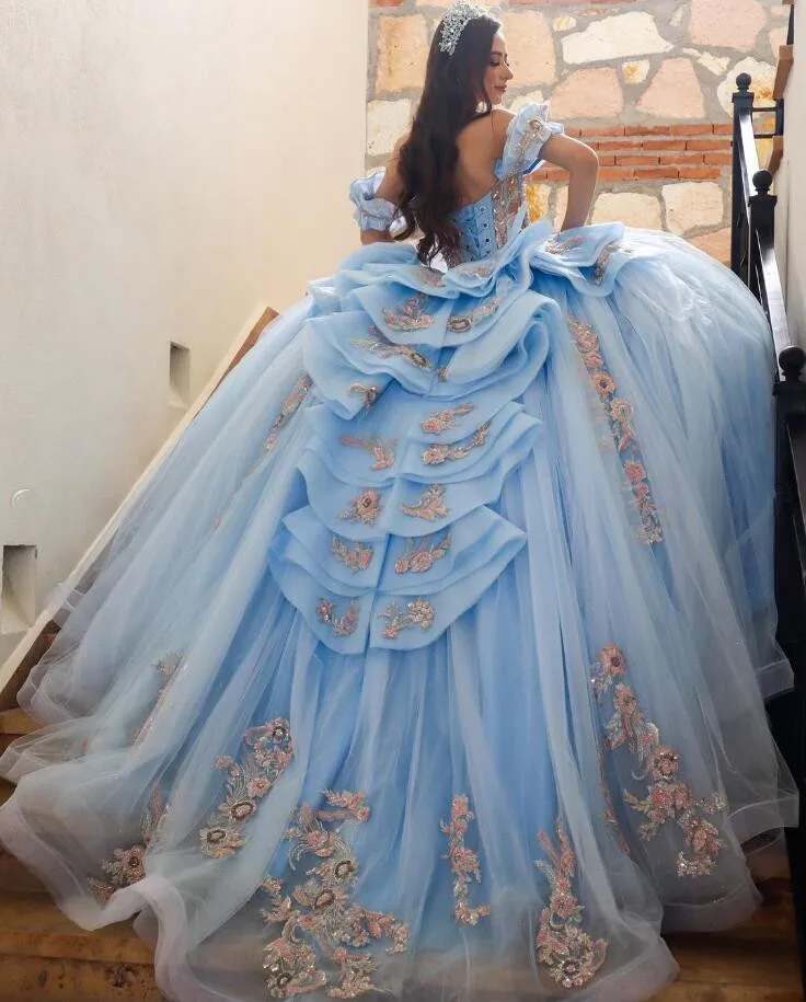 Sky Blue Princess Quinceanera Dresses Ruffles Peplum Off Shoulder Floral Applique Corset