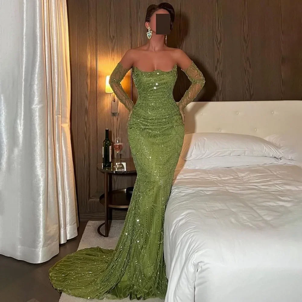 Luxury Olive Green Beaded Mermaid Evening Dress Sexy Strapless With Gloves For Women Party Gown