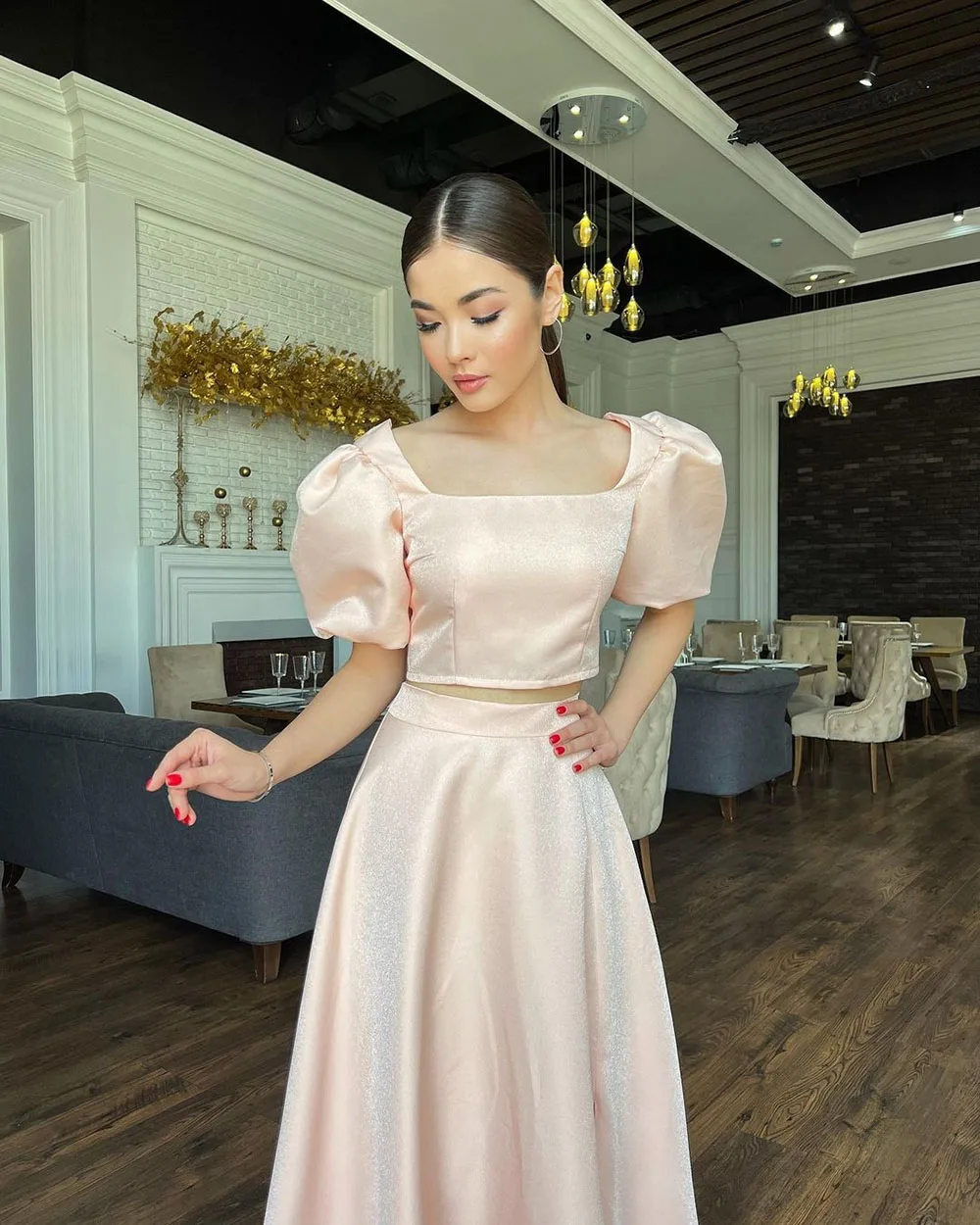 Pink Satin Evening Dresses Short Sleeves Two Pieces Prom Dresses Square Collar Prom Gowns