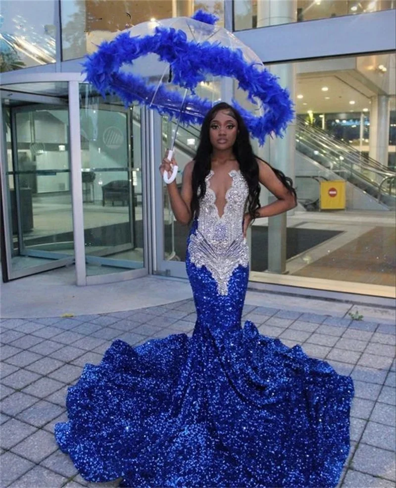 Glitter Diamonds Royal Blue Prom Dress Beads Crystals Rhinestones Sequin Gown Birthday Party Wedding Reception Evening Gown