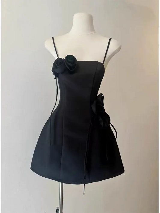 New French Style Fragrant 3D Flower Women's Dress Sexy Bra Strap Waist Closing Mini Dress