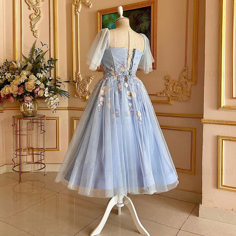 Sky Blue A-line Formal Occasion Dresses Applique Elegant Party Dress Tea-Length Lace Up Evening Gowns