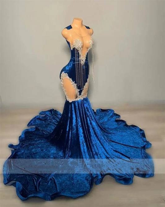 Blue Velvet Luxury Long Prom Dresses Crystals Rhinestones Beads Tassels Evening Gown Tassels Wedding Party Gown