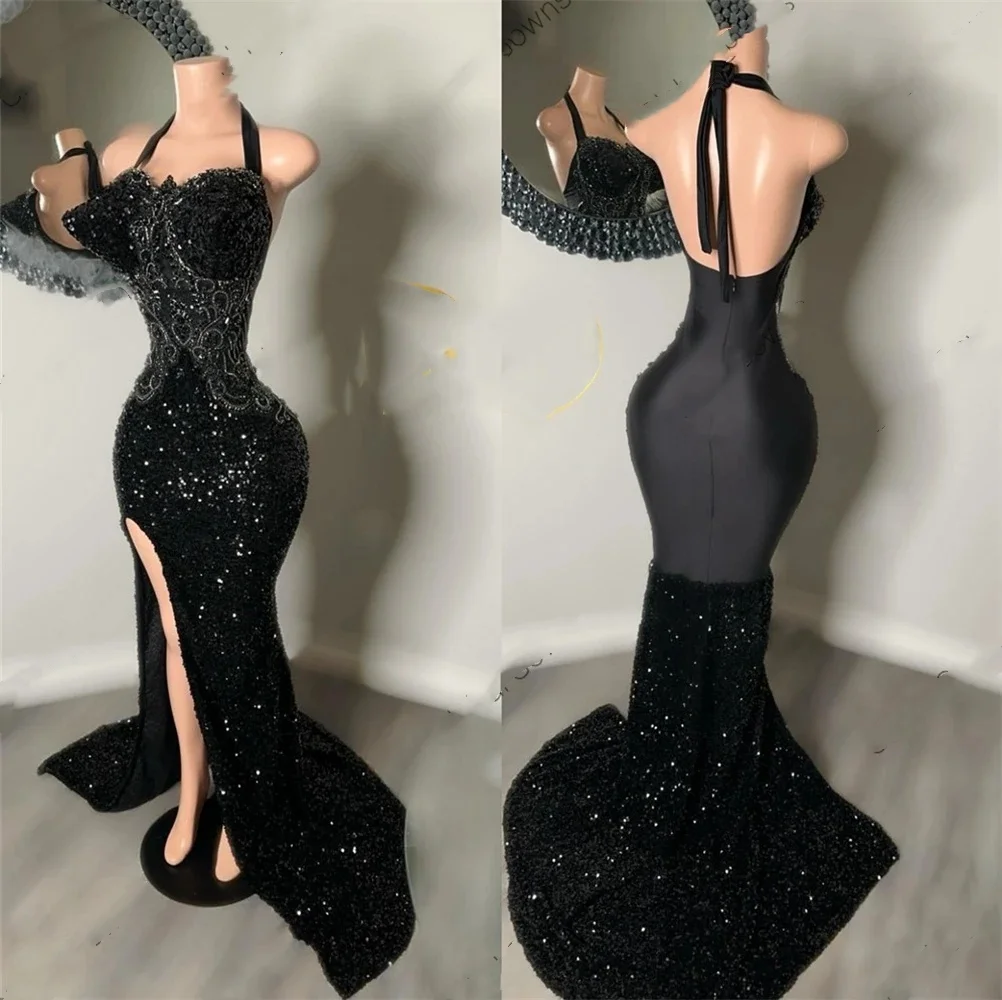 Sexy Halter Neck Long Prom Dress For Black Girls Applique Birthday Party Dresses Sequined Evening Gown High Slit