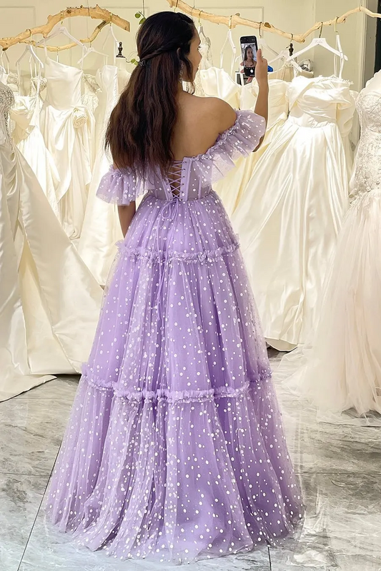 Off the Shoulder A-line Evening Gowns Lilac Dot Tulle Lace Up Corset Long Prom Dress Sweetheart Ruched Quinceanera Dresses