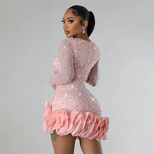 New Women Mesh Sleeve Bodycon Sexy Diamonds Birthday Party Dress Tierred Ruffles Rhinestone Pearls Night Club Dress Pink