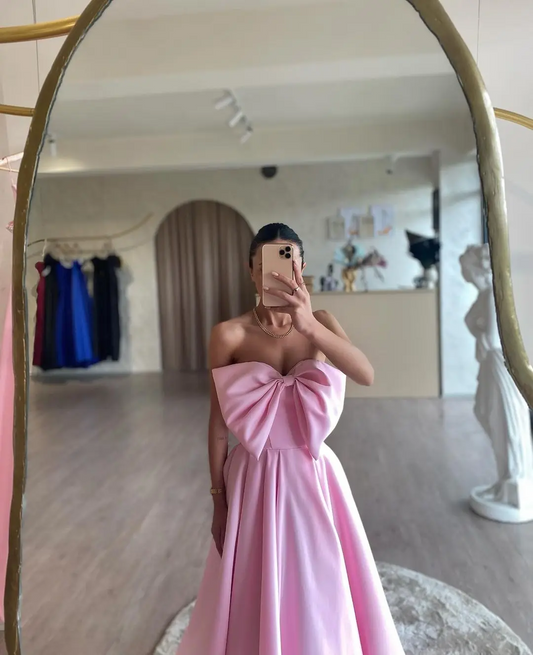 Lovely Pink Bow Long Prom Dresses Sweetheart A Line Women Birthday Dress Lace-up Simple Formal Party Gowns Custom
