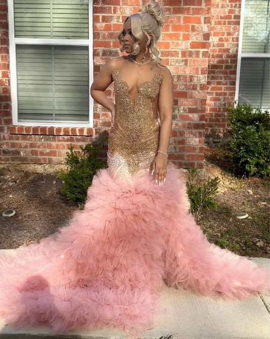 Rose Pink Ruffles Mermaid Prom Birthday Gala Dresses for Black Girl Sparkly Diamond Luxury Evening Ceremony Party Gown