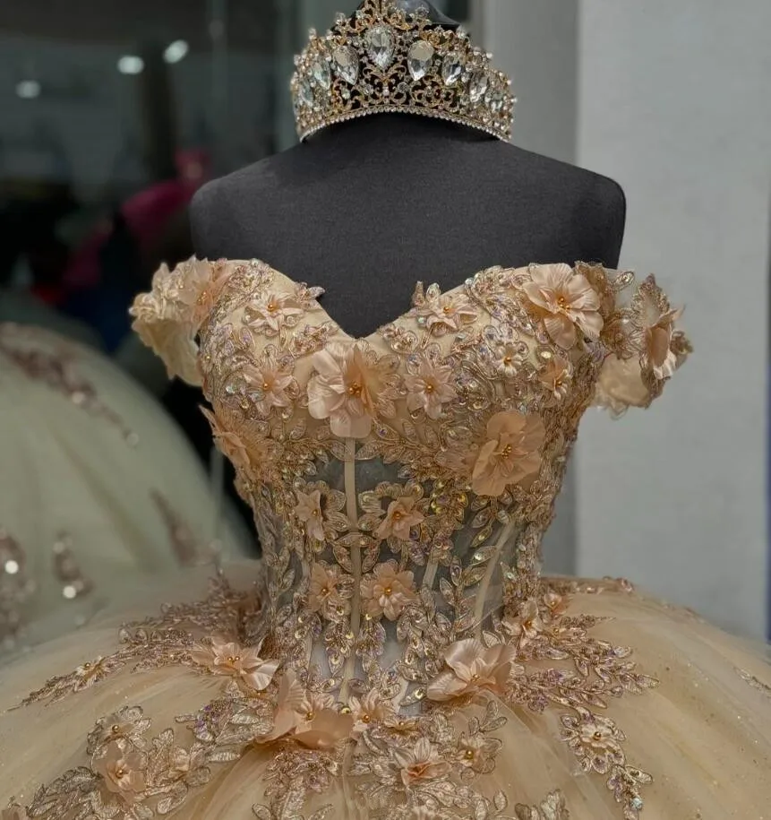 Champagne Luxury Princess Quinceanera Dresses Off Shoulder 3D Floral Applique Corset Lace-up