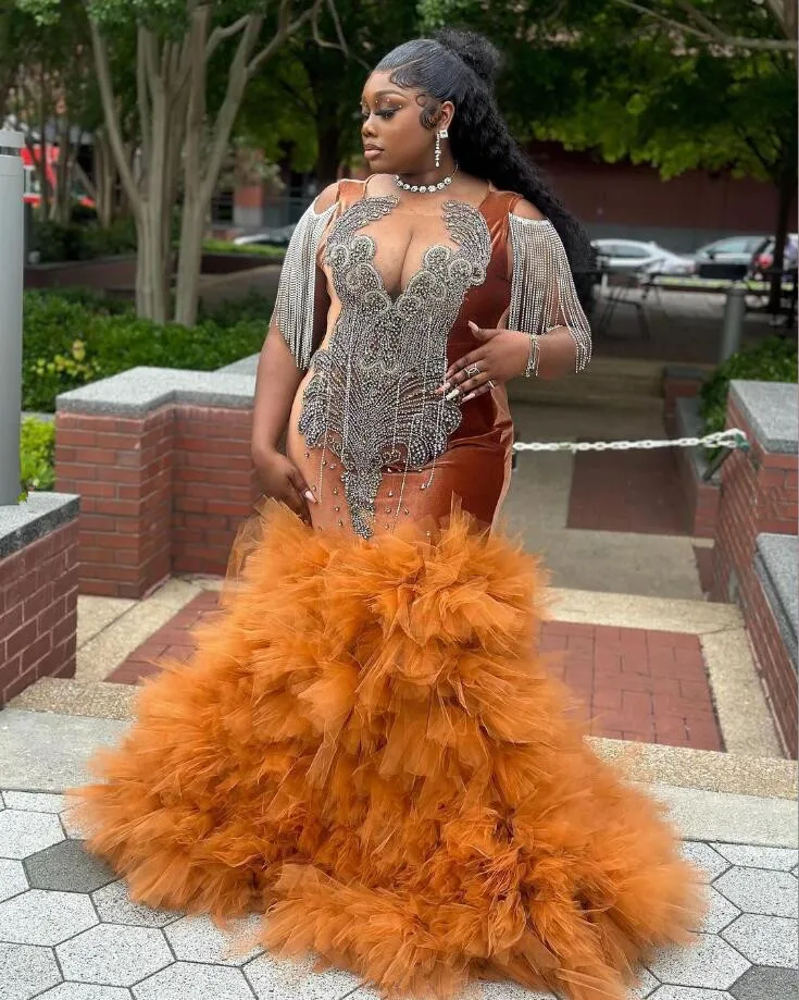 Brown Sparkly Plus Size Prom Ceremony Dresses for Black Girl Luxury Diamond Tassel Ruffles Skirt Evening Birthday Gala Gown