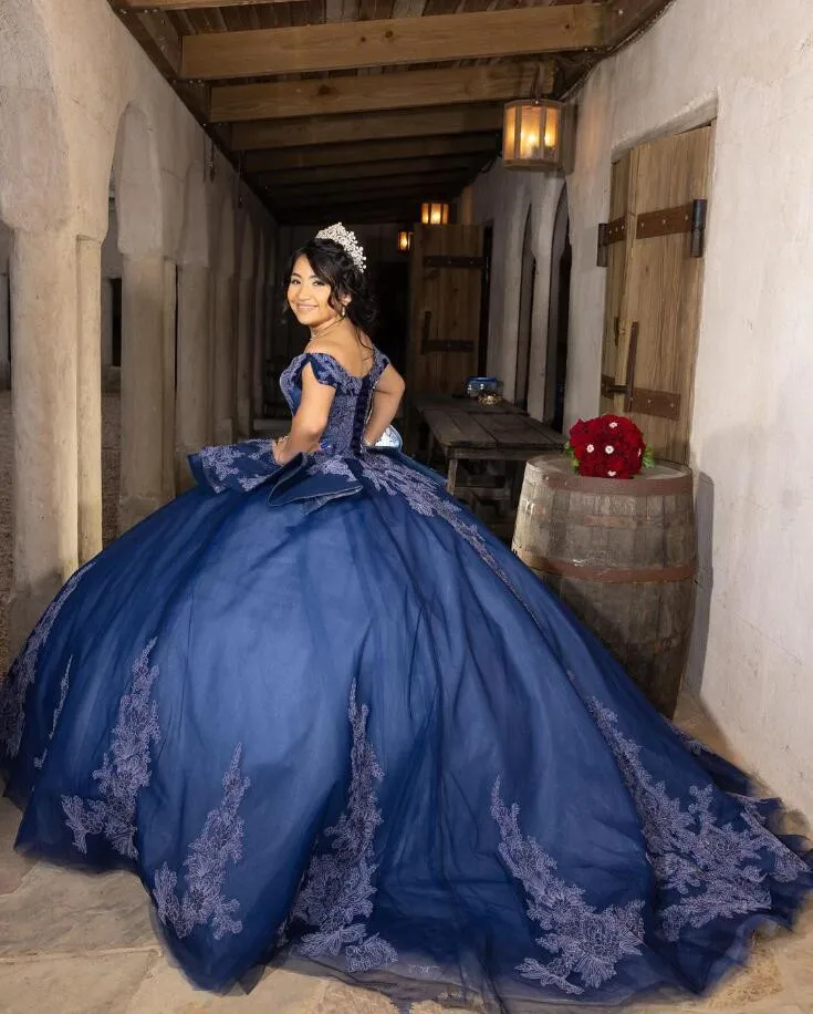 Royal Blue Princess Quinceanera Dresses Off Shoulder Gillter Applique Puffy Skirt Corset
