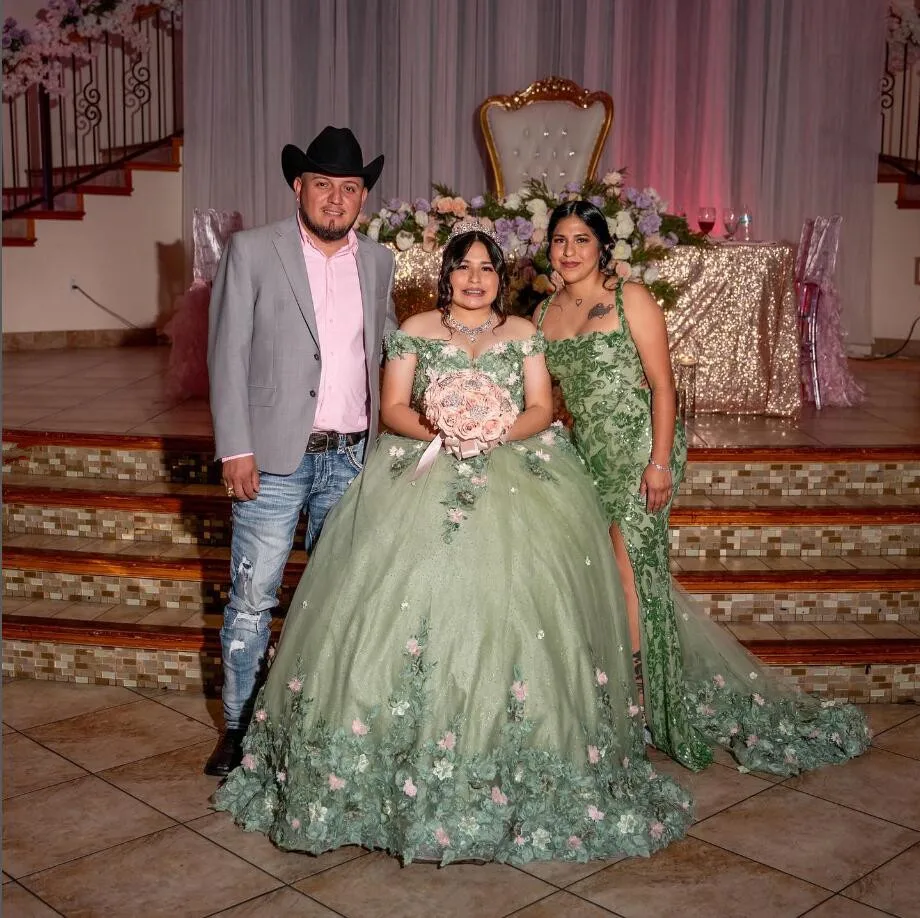 Mint Green Princess Quinceanera Dresses Off Shoulder 3D Floral Applique Puffy Skirt Corset