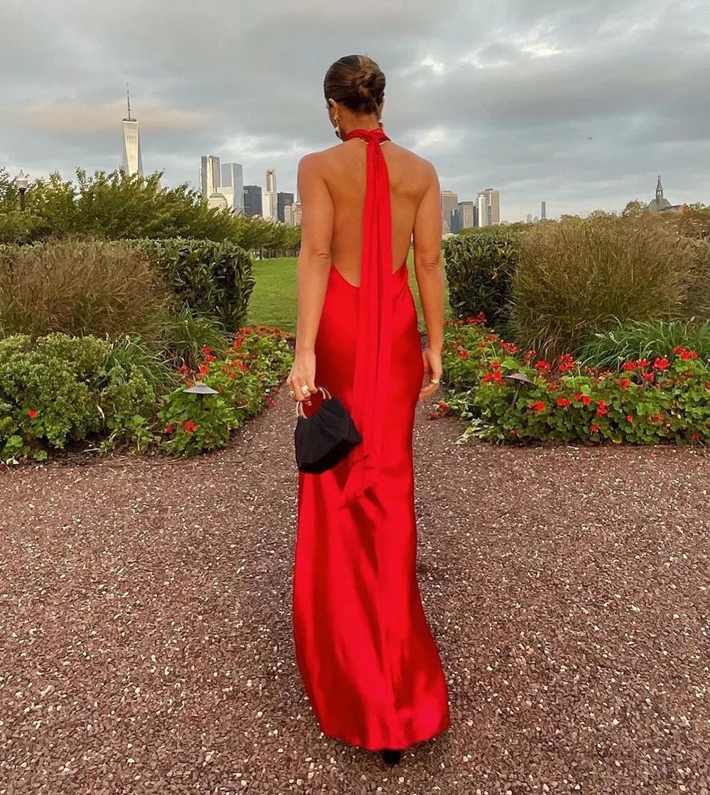 Red Mermaid Evening Dresses Sleeveless Side Split Sexy Backless Celebrity Gowns Satin Women Party Dress Prom Gown