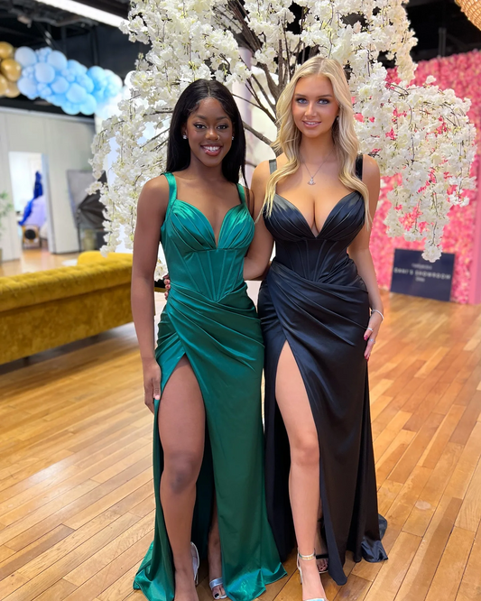 Sexy Satin Long Prom Dresses for Women with High Slit Mermaid Pleated V Neck Formal Dress Design Party