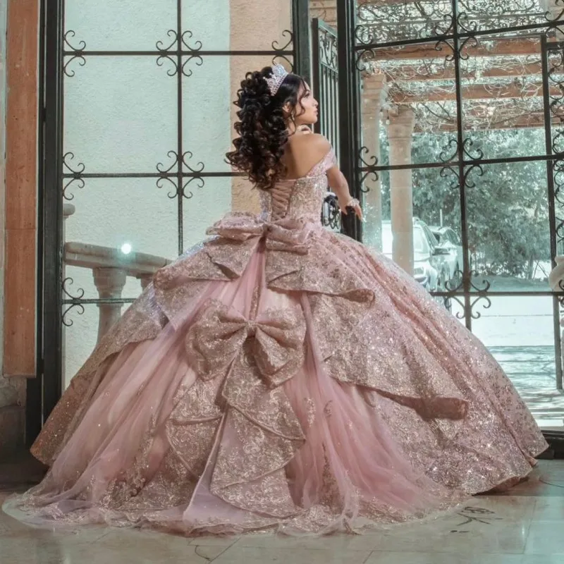 Pink Girl Flower Dress Tulle Appliques Flowers Bow Off Shoulder Sweet 15 16 Years Birthday Party Formal Dresses