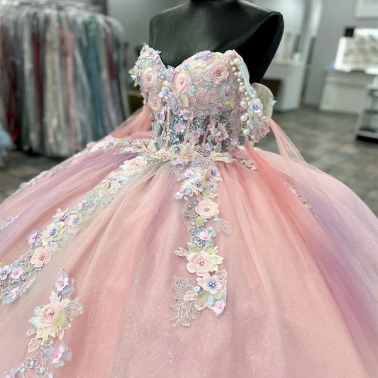 Mexico Pink Ball Gown Quinceanera Dress Beaded Appliques Lace Tull Birthday Party Gowns Sweet 16 15 Prom Vestido xv Robe De Ball