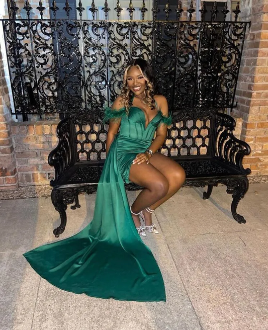 Hunter Green Mini Cocktail Evening Dresses Off Shoulder Feather Stain Black Girl Birthday Queen Gown feestjurk dames bruiloft