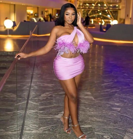 Purple Pink Short Prom Party Dress for Women One Shoulder Stain Feather Black Girl Birthday Gown vestidos de gala mujer