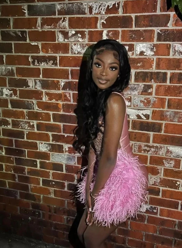 Luxury Peach Pink Short Homecoming Prom Dress Glitter Crystal Rhinestone Feather Black Girls Birthday Party