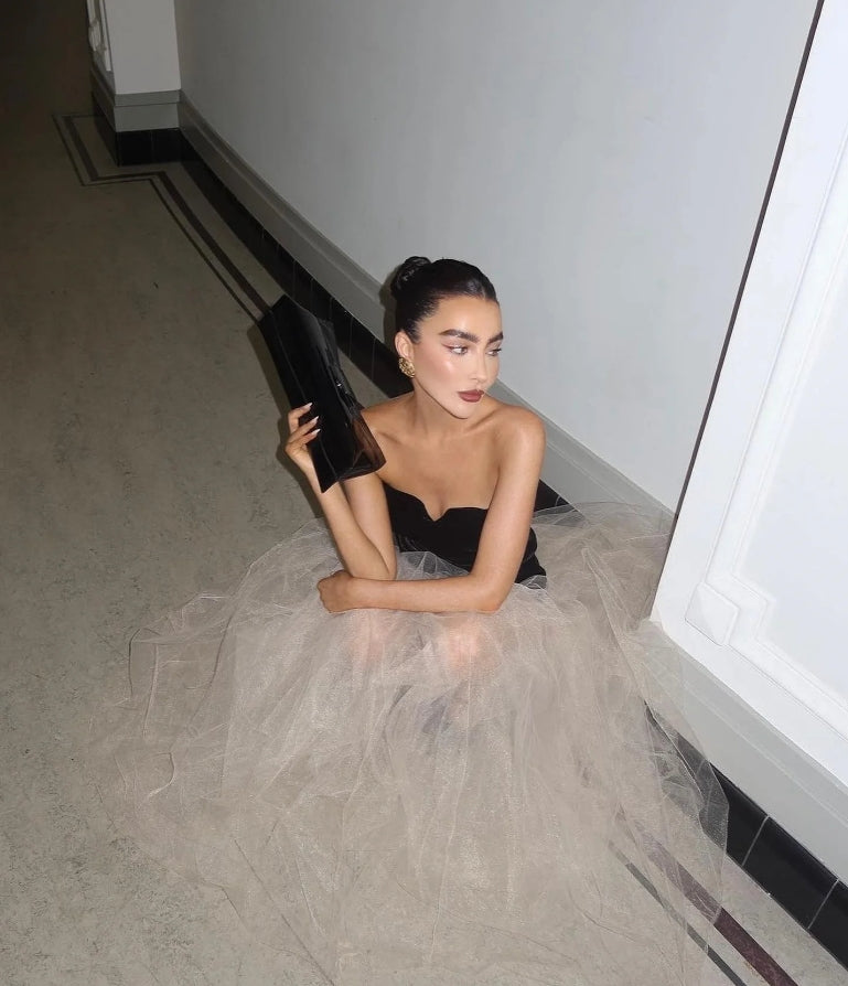 Elegant Evening Dress Strapless Black Velvet Prom Dress Tulle Wedding Evening patrty Dress Floor Length