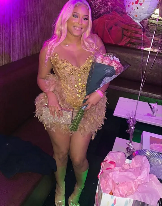 Gold Sparkly Short Prom Homecoming Dresses for Black Girl Luxury Crystal Beaded Ostrich Feather Birthday Party Gown