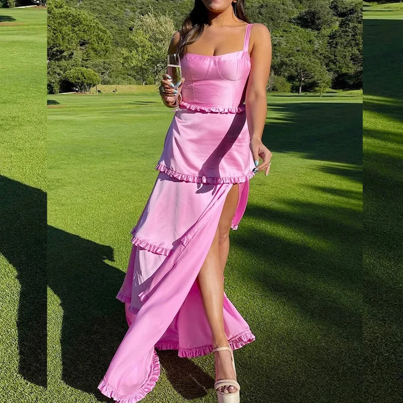 Prom Dresses Spaghetti Side Split Lace up Closure Ruffles Tiered Graduation Matric Dance Party Gowns Customized