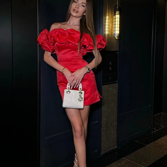 Red Cocktail Dresses Off Shoulder Ruched Short Prom Birthday Party Gowns Women Dinner Dress Mini Formal Event Gown Custom