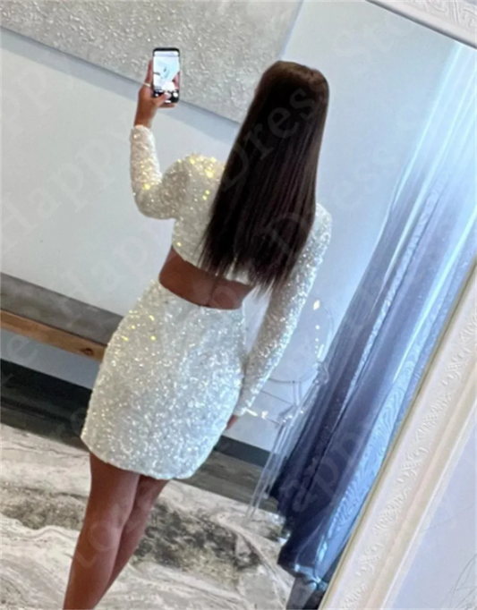 Party Dress Sexy White Sequins Cocktail Dress Cutaway Sides Long Sleeves Deep V-Neck Mini Short dress Girl Homecoming Dress
