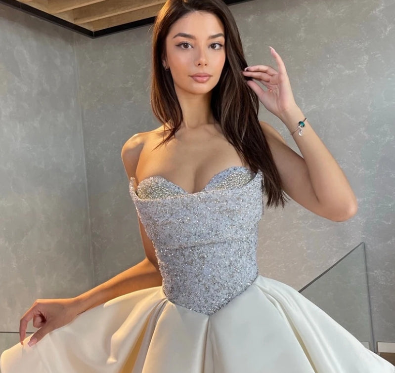 New Ivory Sequin Cocktail Dress Shinny Strapless A-Line Satin Mini Prom Formal Evening Gown