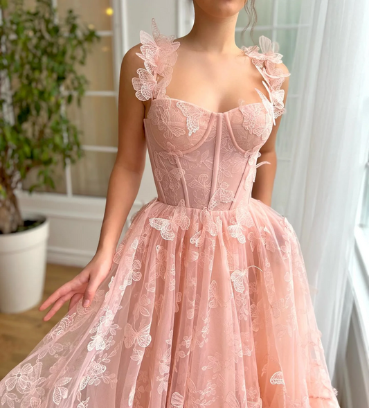 Tulle Spaghetti Straps Evening Dresses 3D Butterfly A-Line Ankle-Length Prom Gowns Elegant Lace Up Teen's Homecoming Dress