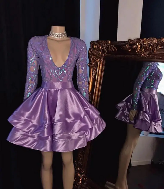 Purple Short Africa Black Girl Prom Dress Glitter Sequin Top Long Sleeve A-line Mini evening homecoming dress birthday gown