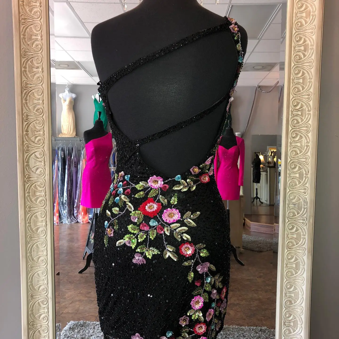 Music Festival Party Dress Floral Sequin Sexy Cocktail Hoco Mini Black Gown Straps Back One-Shoulder Christmas