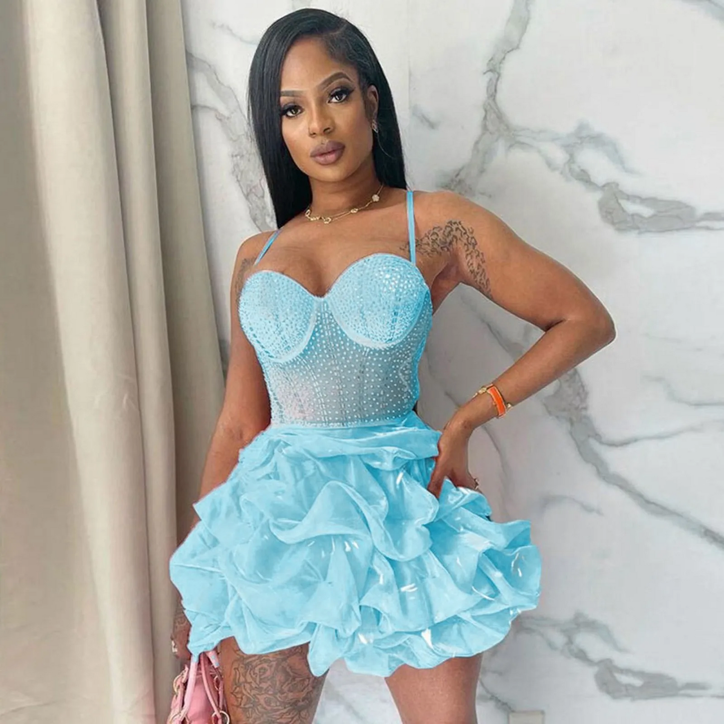 New Women Summer Strap Mesh Patchwork Diamonds Sexy Party Ball Gown Dresses Fashion Rhinestone Night Club Cake Dress White