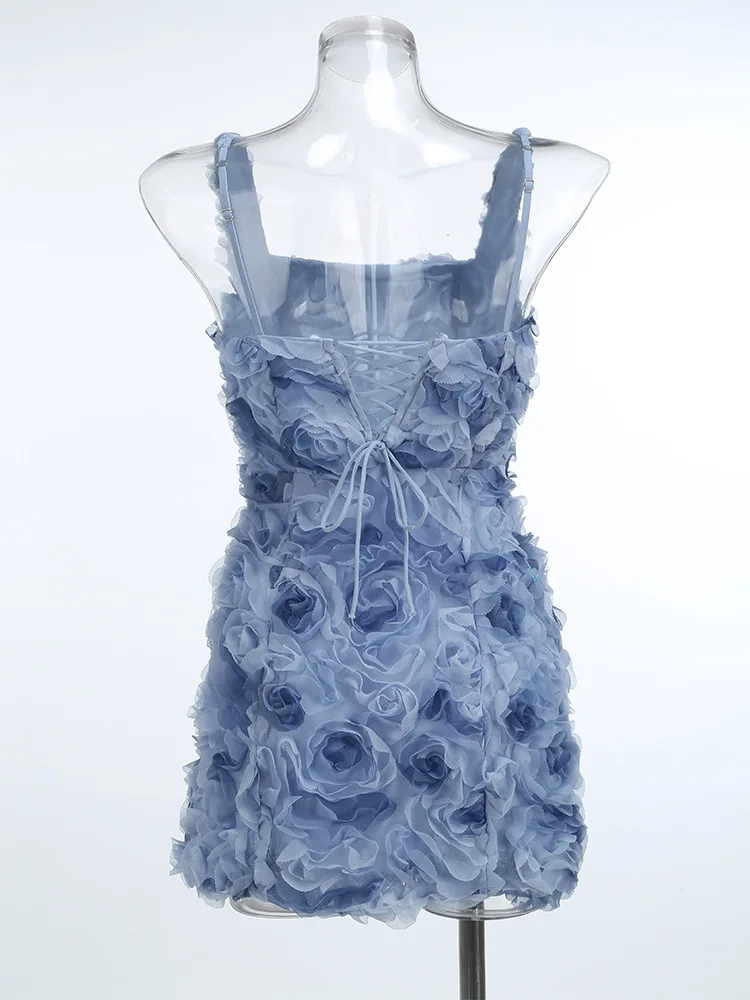 Sexy Evening Dress For Women 3D Flower Spliced Sleeveless Solid Color Mini Birthday Dresses Summer