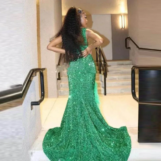 Green Sequined Mermaid Prom Dresses Illusion Neckline Appliques Plus Size Feathers Evening Dress For Black Girls Aso Ebi Gowns
