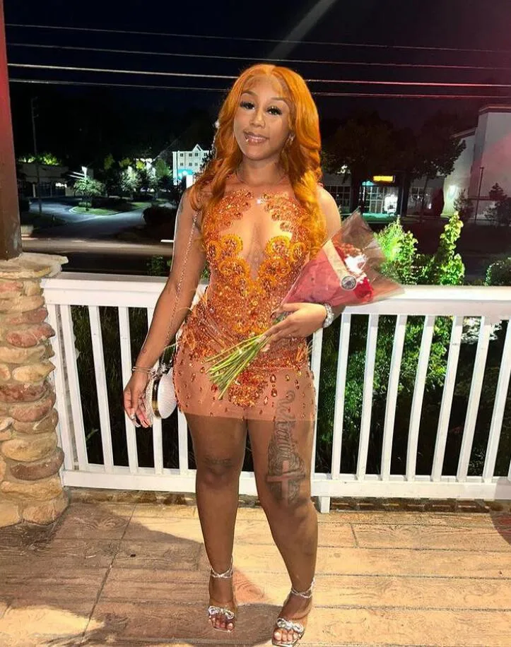 Orange Sparkly Mini Evening Cocktail Dresses for Black Girl Luxury Diamond Crystal Sheer Mesh Birthday Party Gala Dress