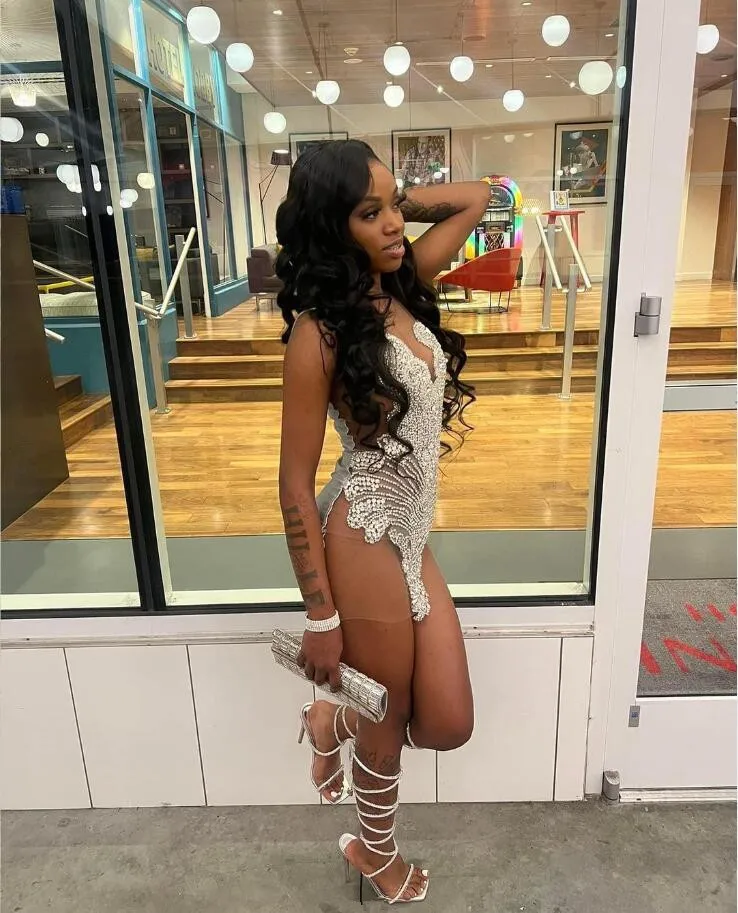 Ivy Silver Diamond Mini Evening Cocktail Dresses for Black Girl Sparkly Diamond Sheer Mesh Birthday Gala Prom Gown