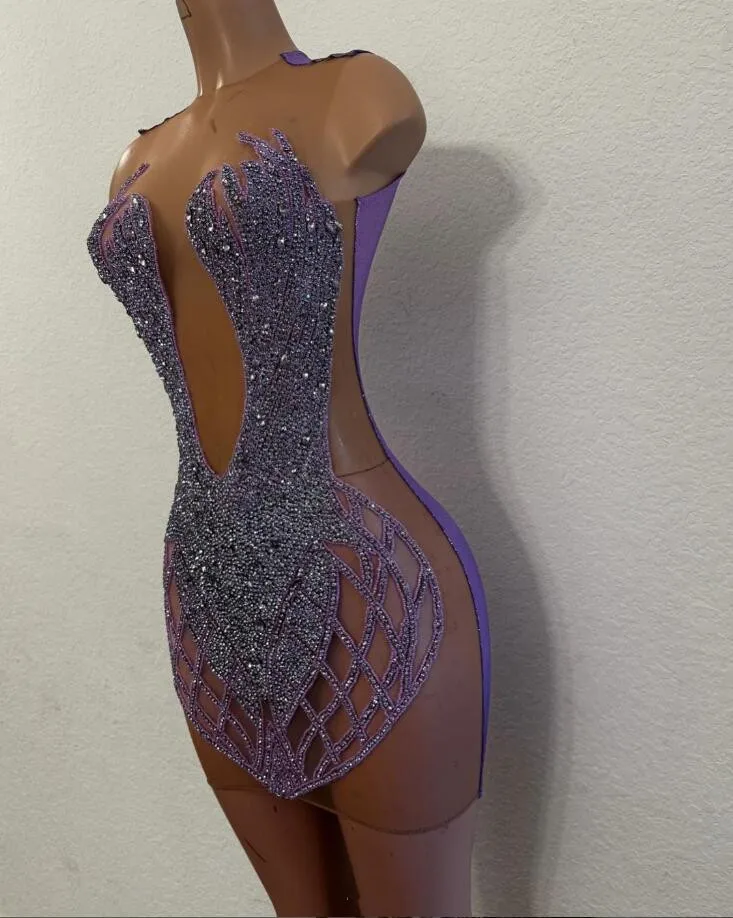 Lavender Purple Mini Evening Cocktail Dress Sparkly Diamond Crystal Birthday Party Gown