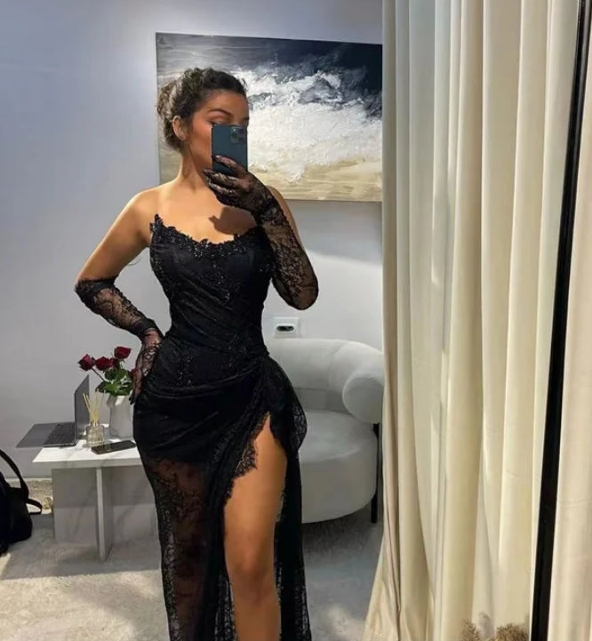 Sexy Black Long Prom Dresses With Two Gloves Corset Lace-up Back Appliques Wedding Reception Birthday Party Gowns