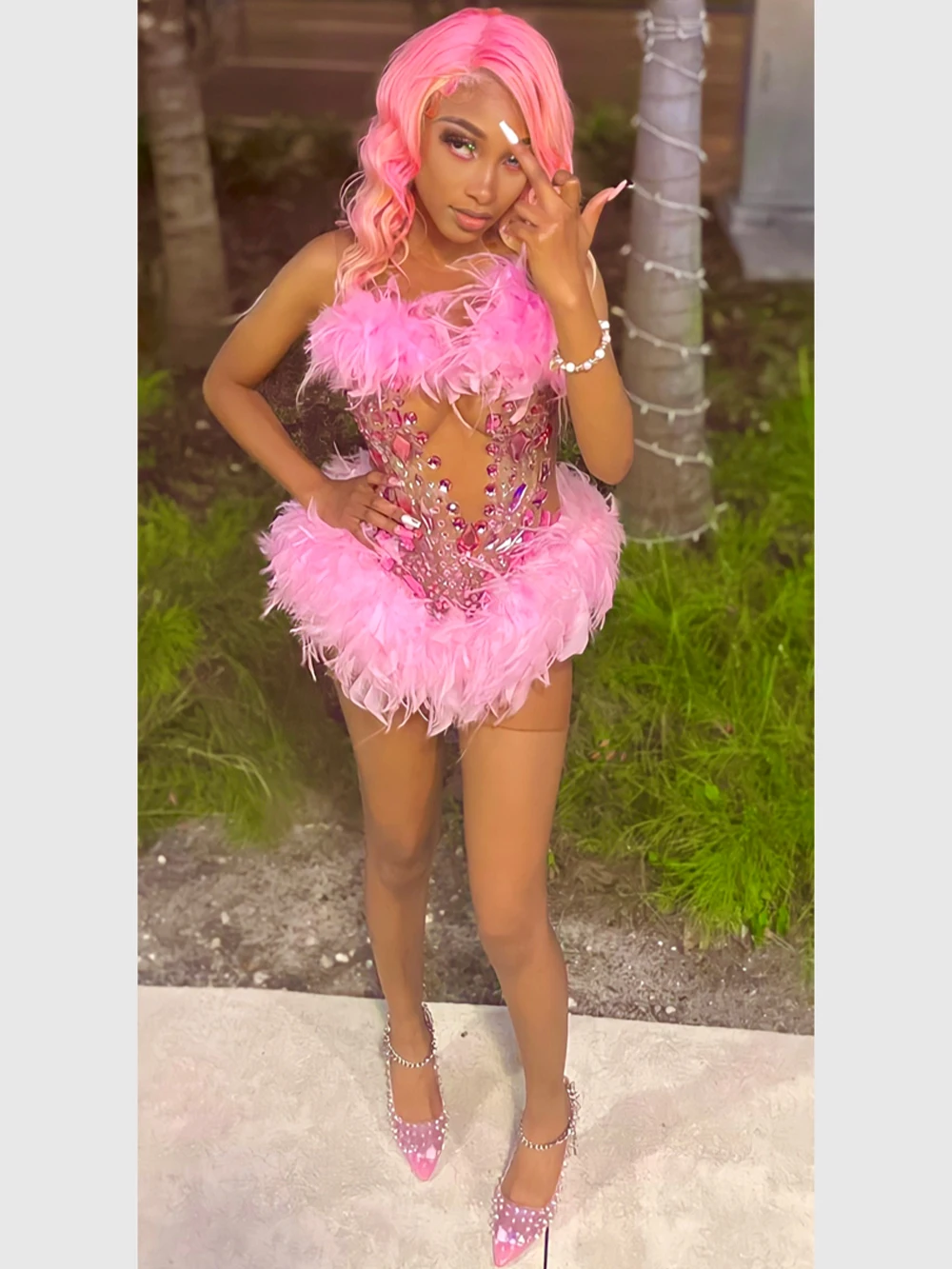 Sparkly Pink Crystal Short Prom Dresses Sexy Sheer Mesh African Black Girls Feather Mini Cocktail Birthday Party Dress