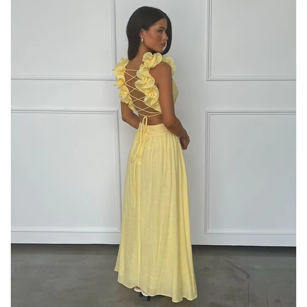 Summer Yellow Beach Prom Dress Sexy Backless Floor Length Sleeveless Gown V-Neck Custom Luxury Long Evening Gown