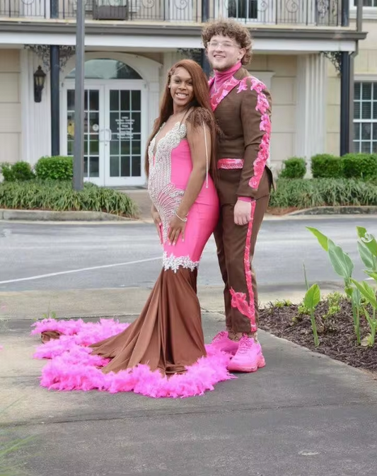 Fuchsia Brown Sparkly Evening Ceremony Dresses for Black Girl Luxury Diamond Feather African Prom Gala Gown Plus Size