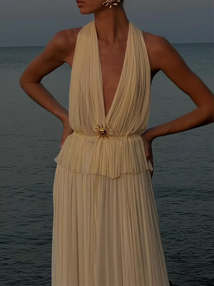 Women Sexy Gauze Backless Halter Pleated Cropped Tank Tops Suits Chic Splited Elastic Waist Long Skirts 2 Pcs Sets Lady Outfits