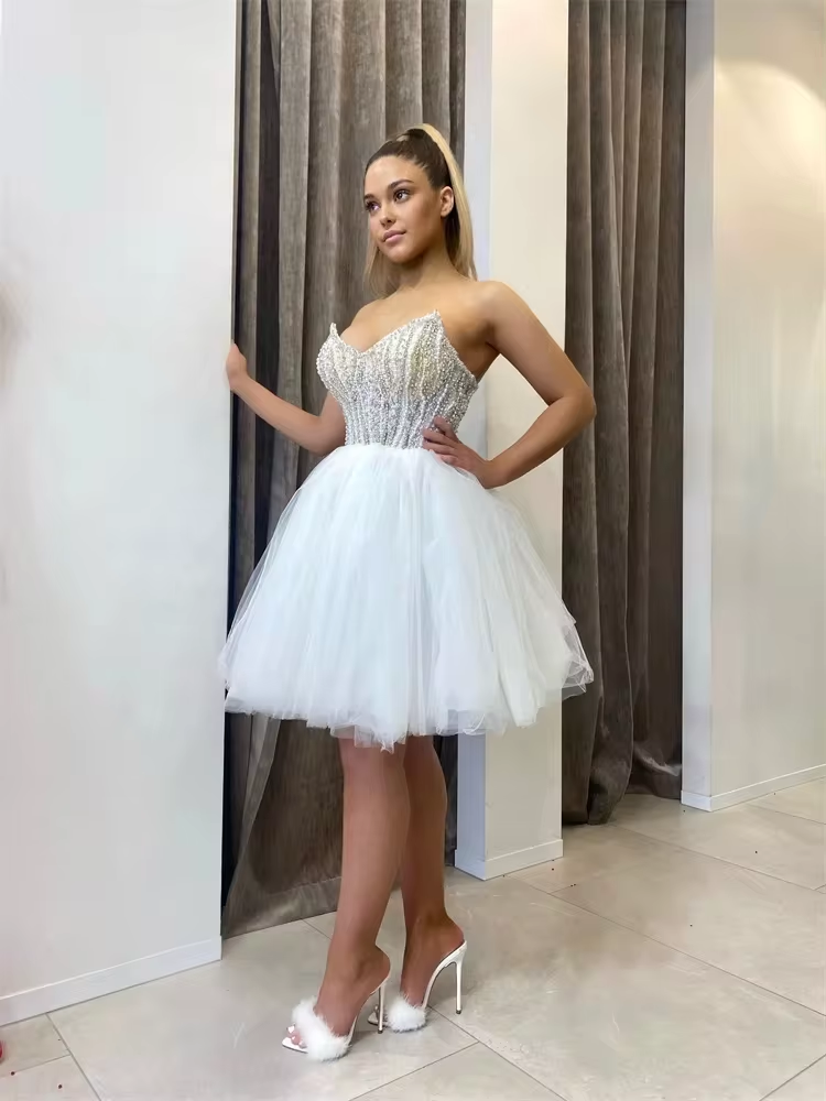 White Ball Gown Prom Dress Sexy Mini/short Sweetheart Pearls Tulle Slim Elegant Women's Cocktail Homecoming Dress