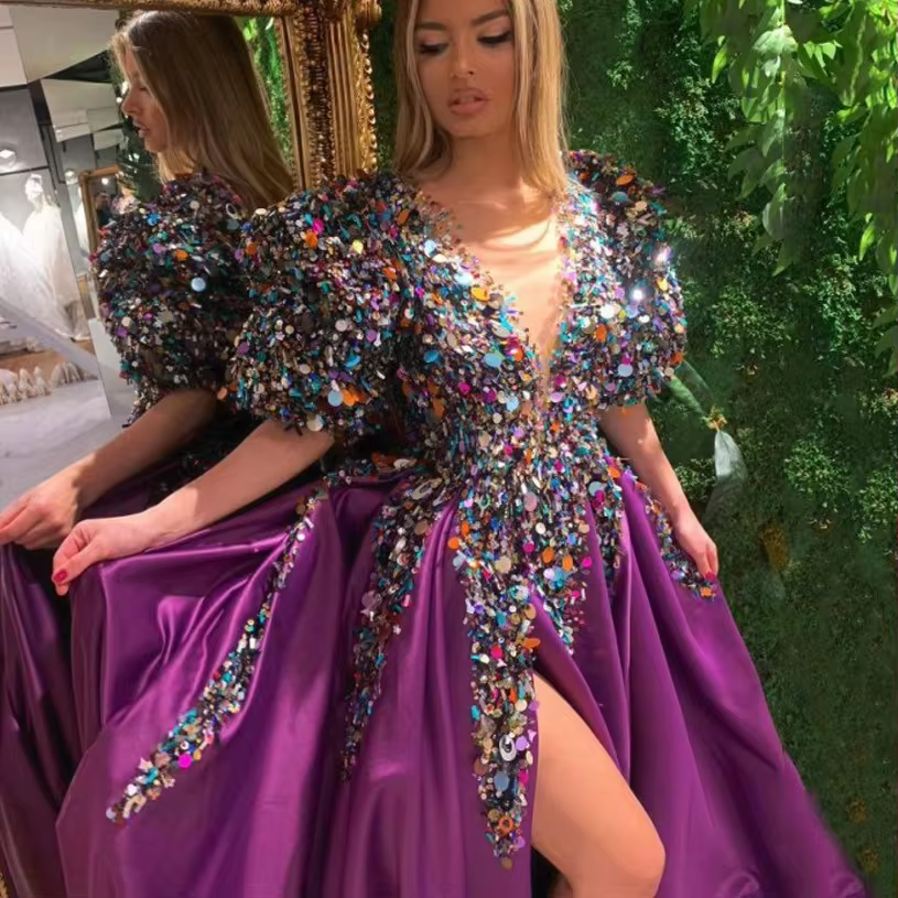 Sexy Sequins Dress Woman V-neck Banque Fashion Gothic Split Long Skirts Party Clothes Ball Gown Dresses for Women