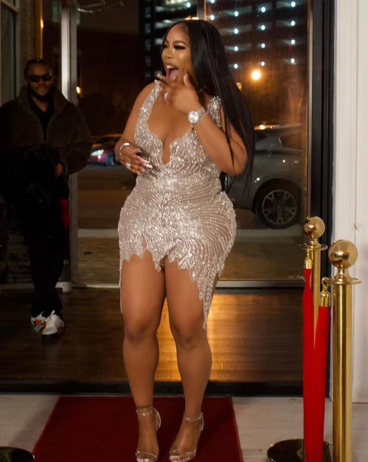 Silver Diamond Mini Evening Cocktail Dresses for Women Luxury Sparkly Sheer Mesh Birthday Gala Dress Black Girl