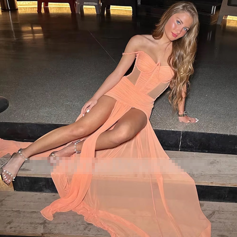 Orange Prom Dress Long Sweetheart Off the Shoulder Mermaid Evening Dress for Women Cut-out Thigh-High Slit Sexy Party Dress